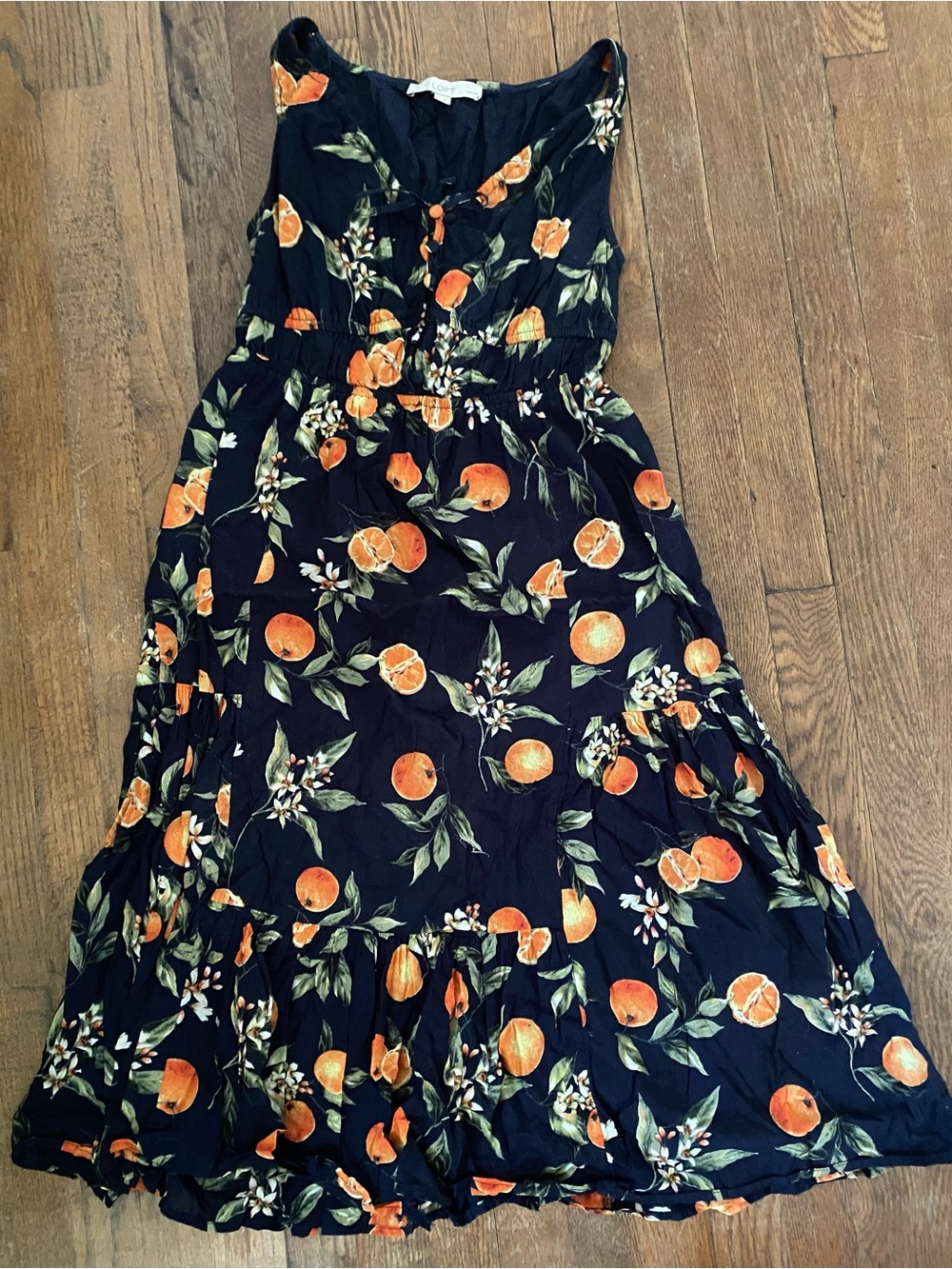 LOFT Black Midi Dress with Orange & Green Fruit Print